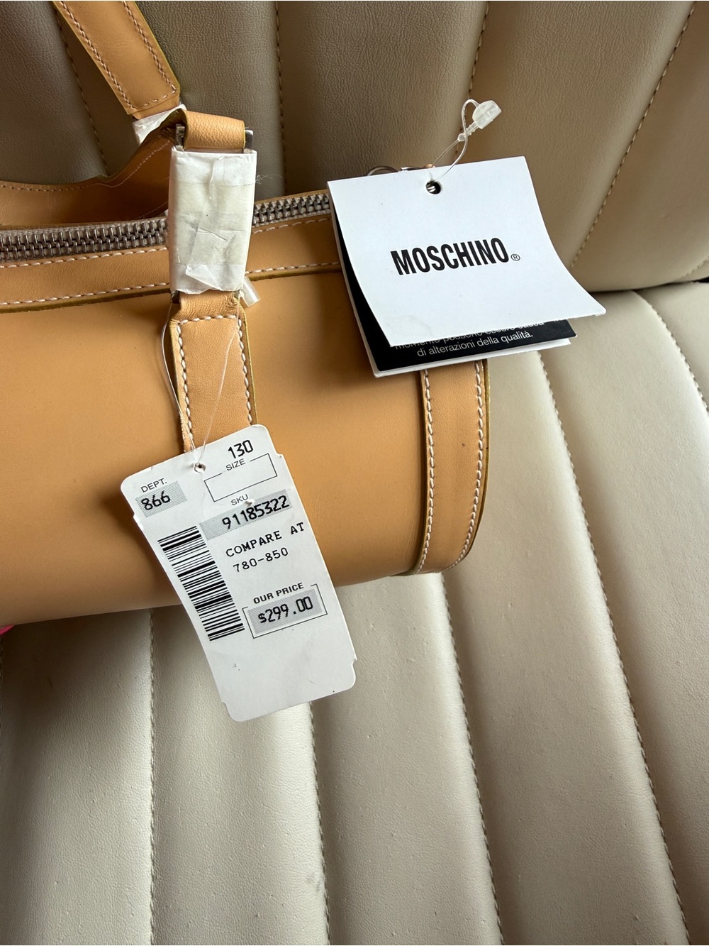 Moschino Tan Leather Barrel Satchel with Detachable Strap (deadstock with flaws) - Picture 8 of 9